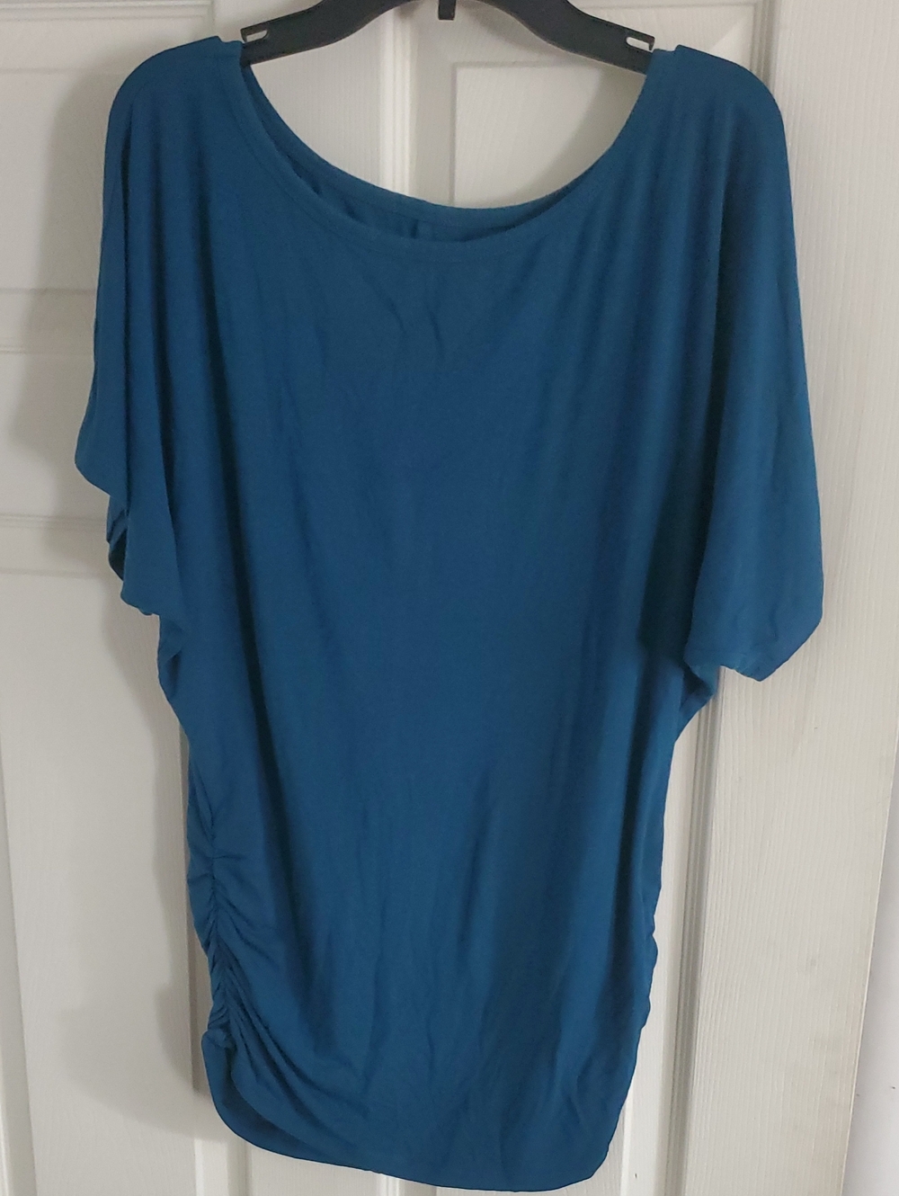 Peacock Teal Ruched Side Batwing Round Collar Top